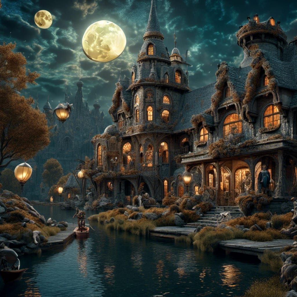 Silent Film Scene with Full Moon