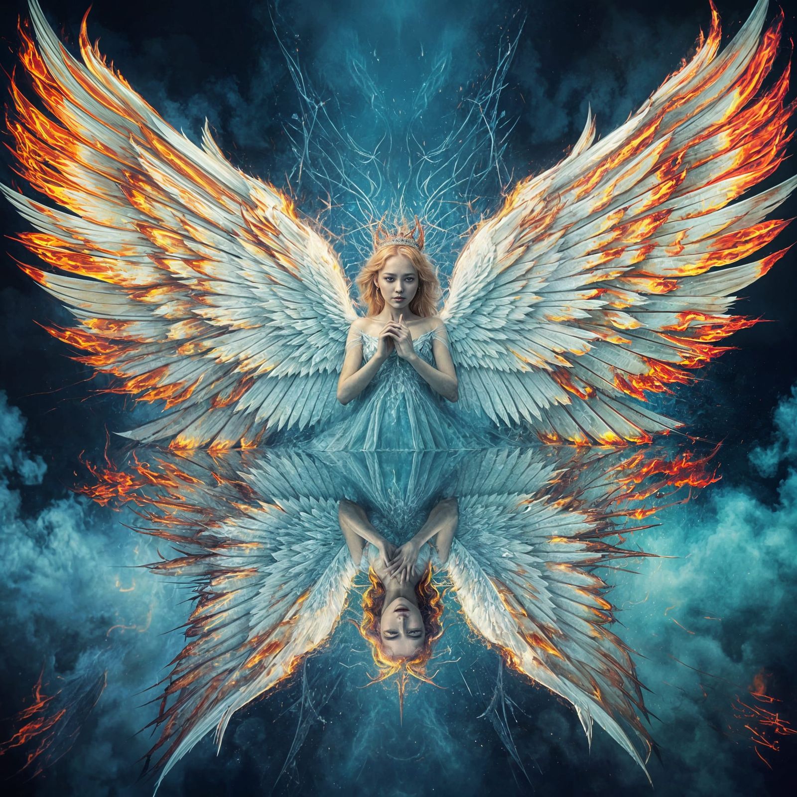 Surreal Princess Reflection with Melting Wings