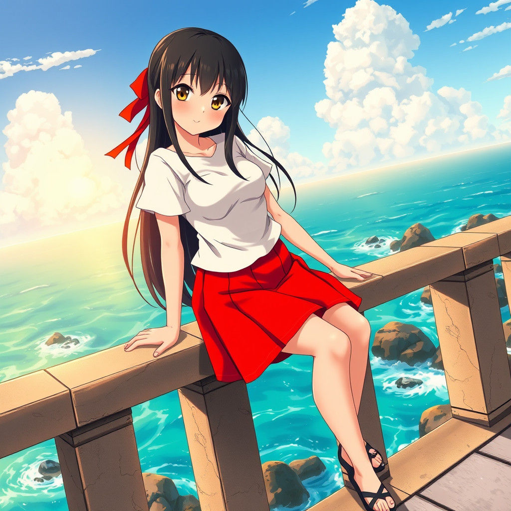 Anime Girl Posing by the Sea in Cel-Shaded Style