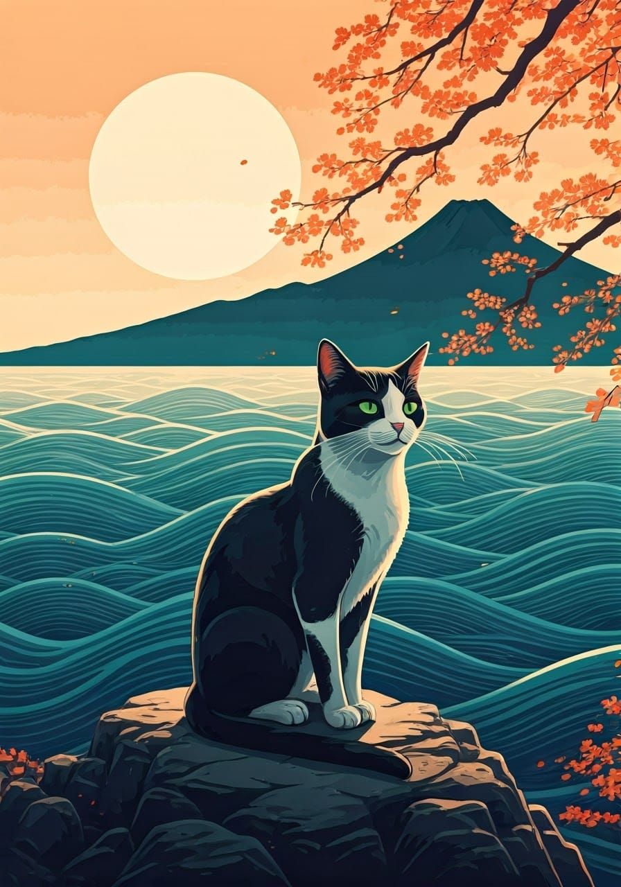 Sleek Cat Observes Serene Japanese Landscape in Traditional ...