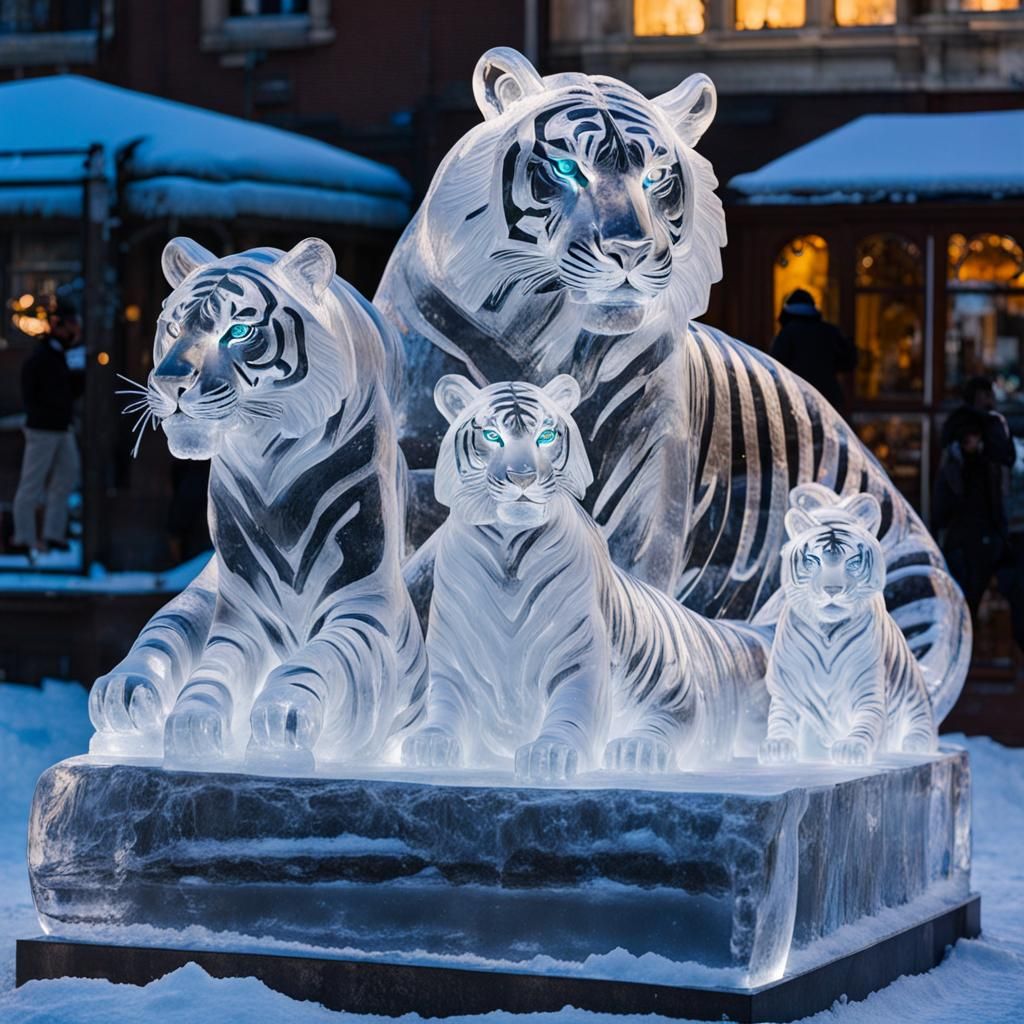 Ice Sculpture of a Tiger Family