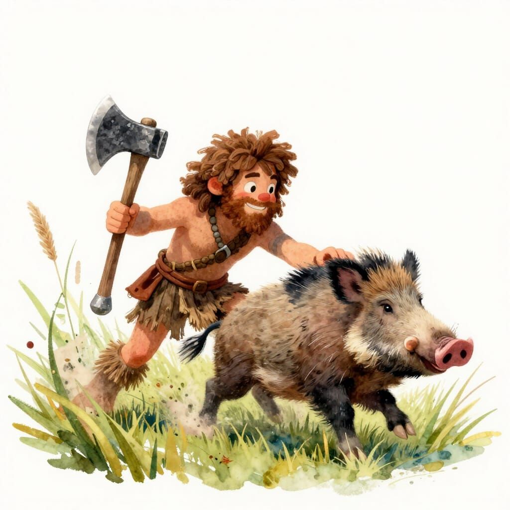 Caveman Chasing Wild Boar in Pastel Watercolour Style