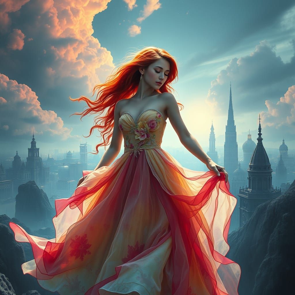 Red-Haired Woman in Flowing Watercolor Gown