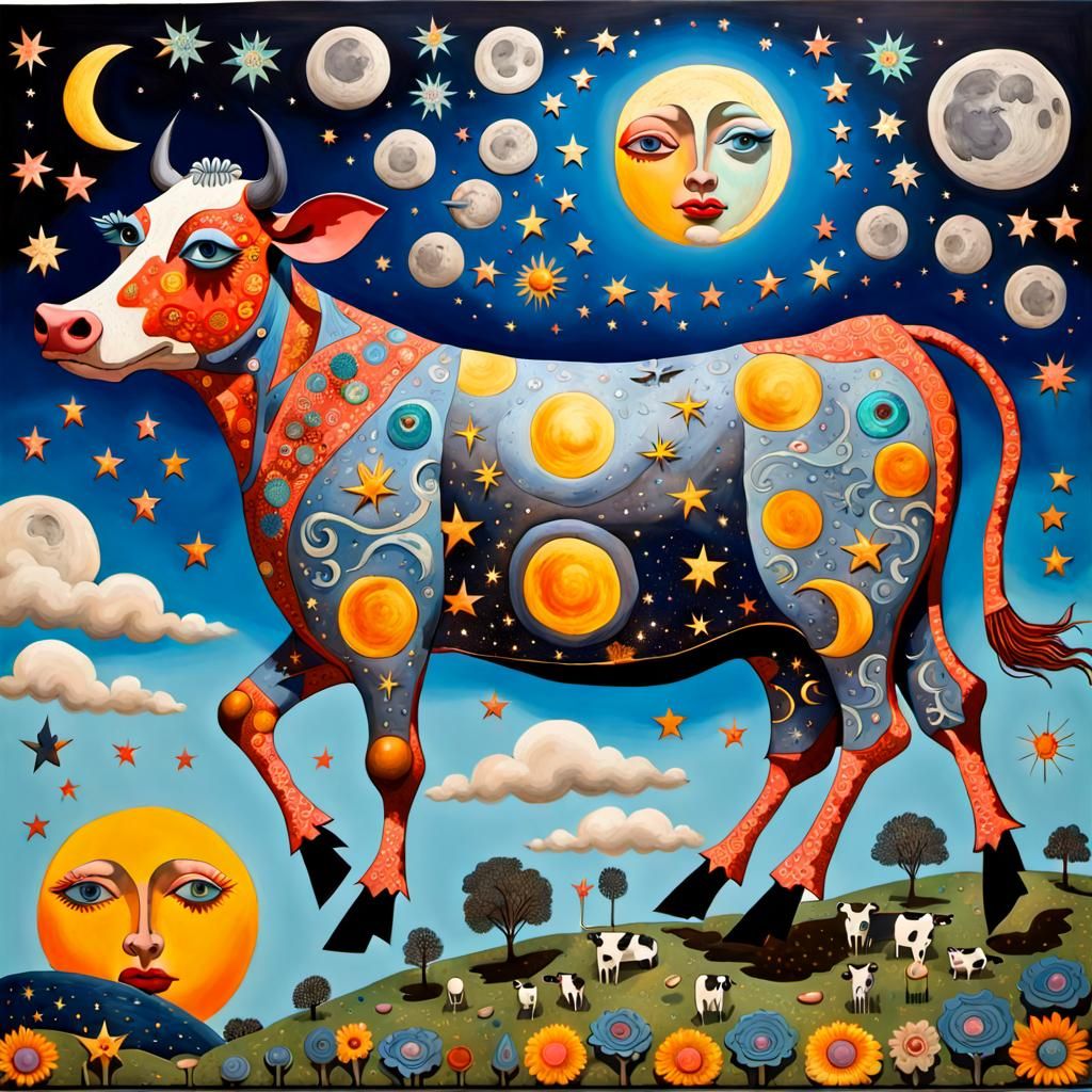 Whimsical Cow Jumps Over the Moon in Naive Art Style