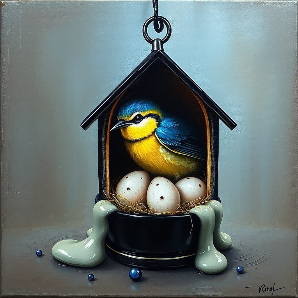 Surreal Birdhouse Nestled in Swallow, Dali-esque Oil Paintin...