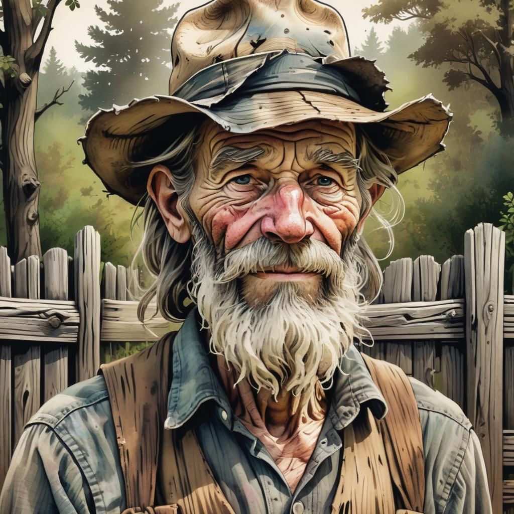 Vintage Comic Portrait of an Old Farmer