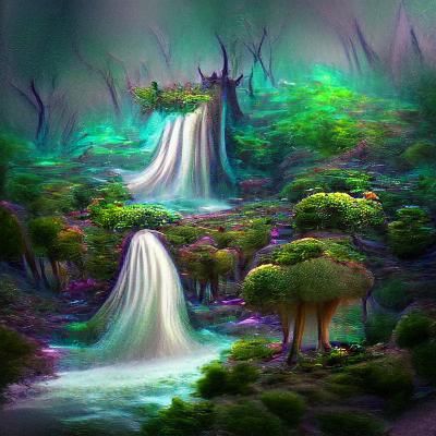 Fantasy Forest Landscape with Distant Waterfall
