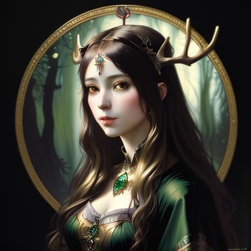 Gothic Goddess with Golden Halo in Art Nouveau Style