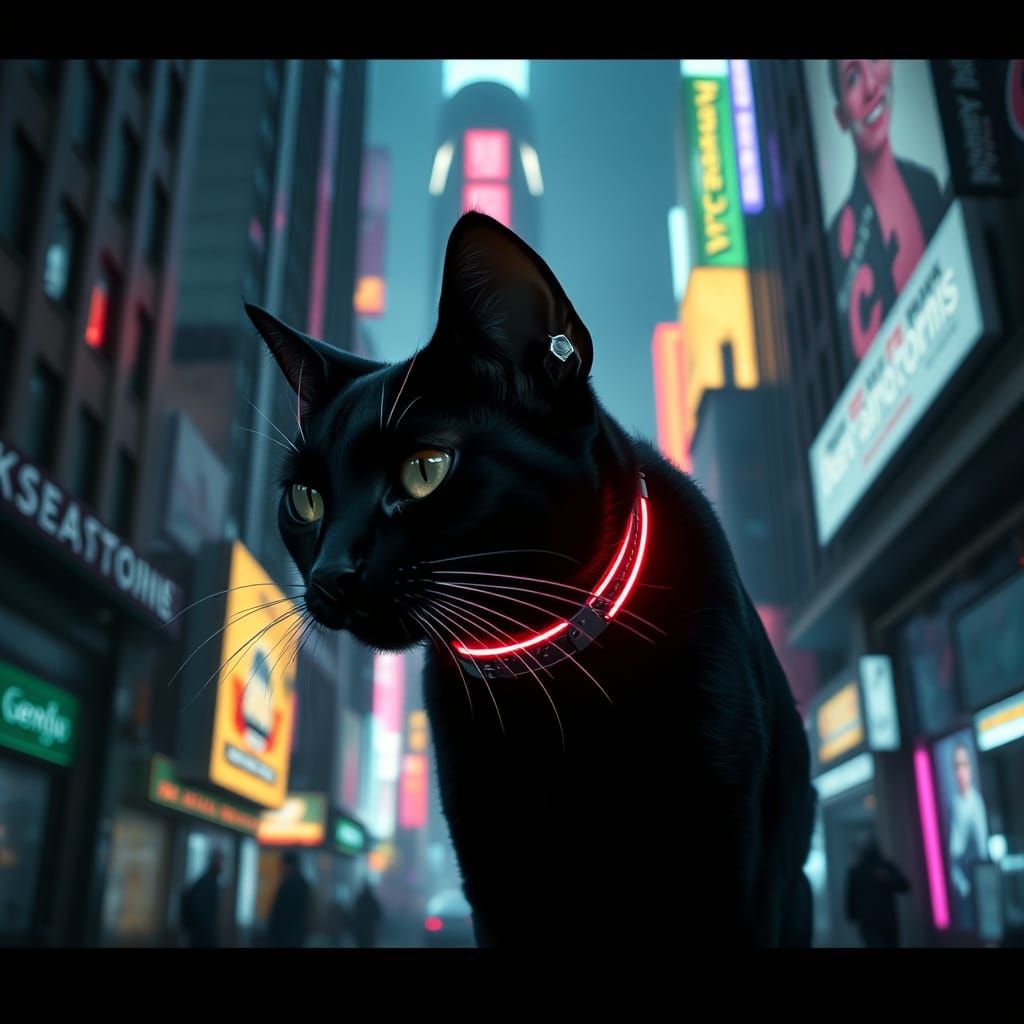 Cyberpunk Cat Prowls Neon Cityscape