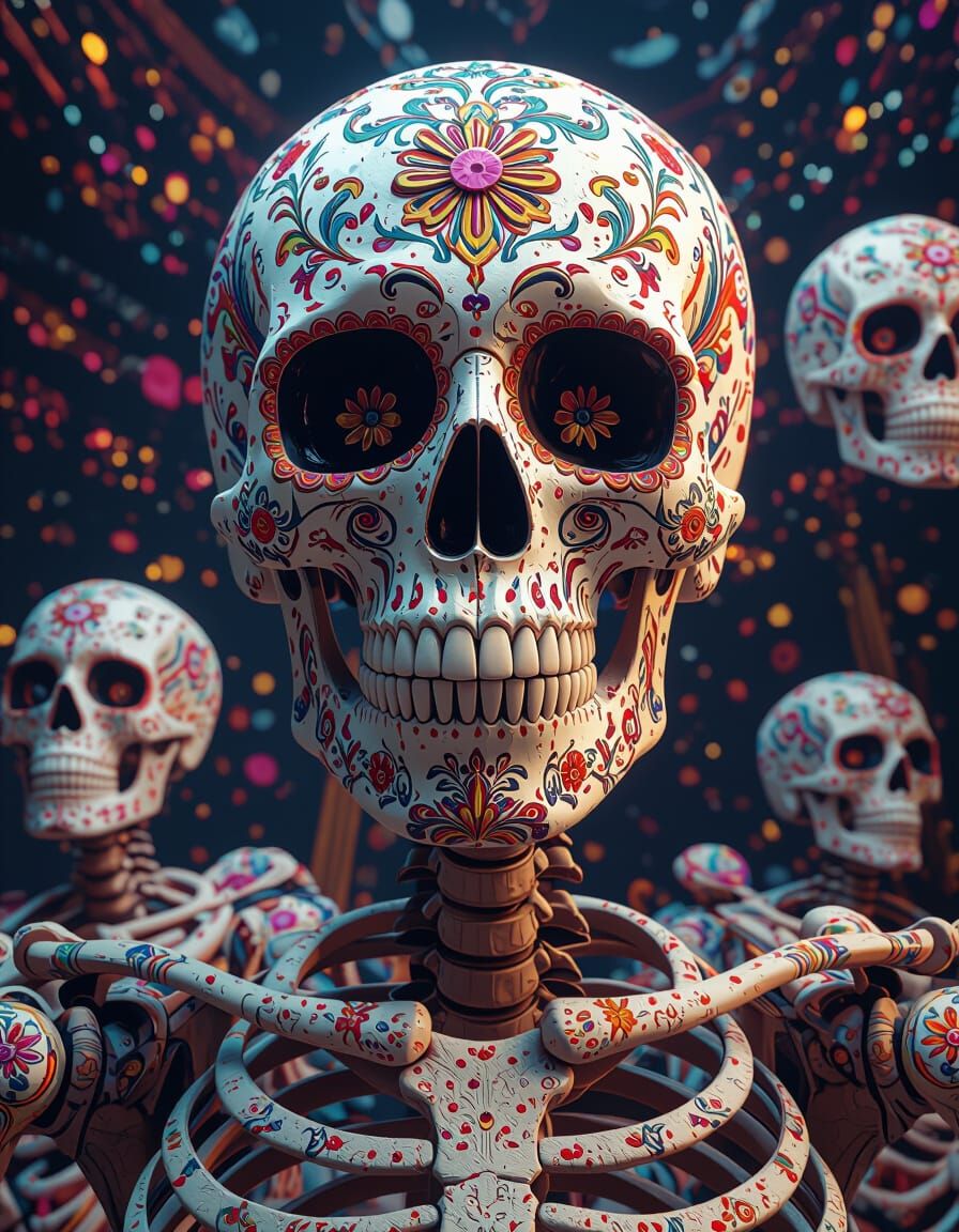 Hyperreal Colorful Skeletons in Ornate Digital Art Style
