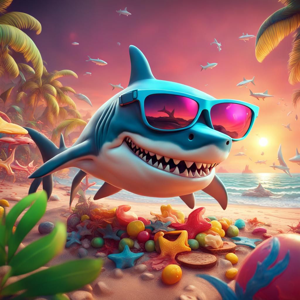 Cartoon Shark's Beach Party in Detailed Matte Style