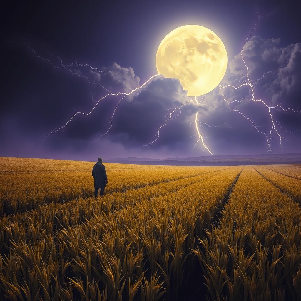 Ethereal Glow: Lightning Over Moonlit Crop Fields