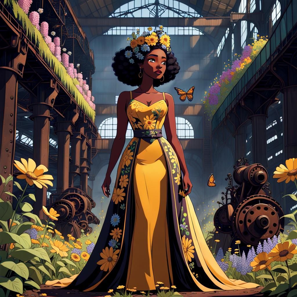 Black Woman with Butterfly Wings in Abandoned Factory