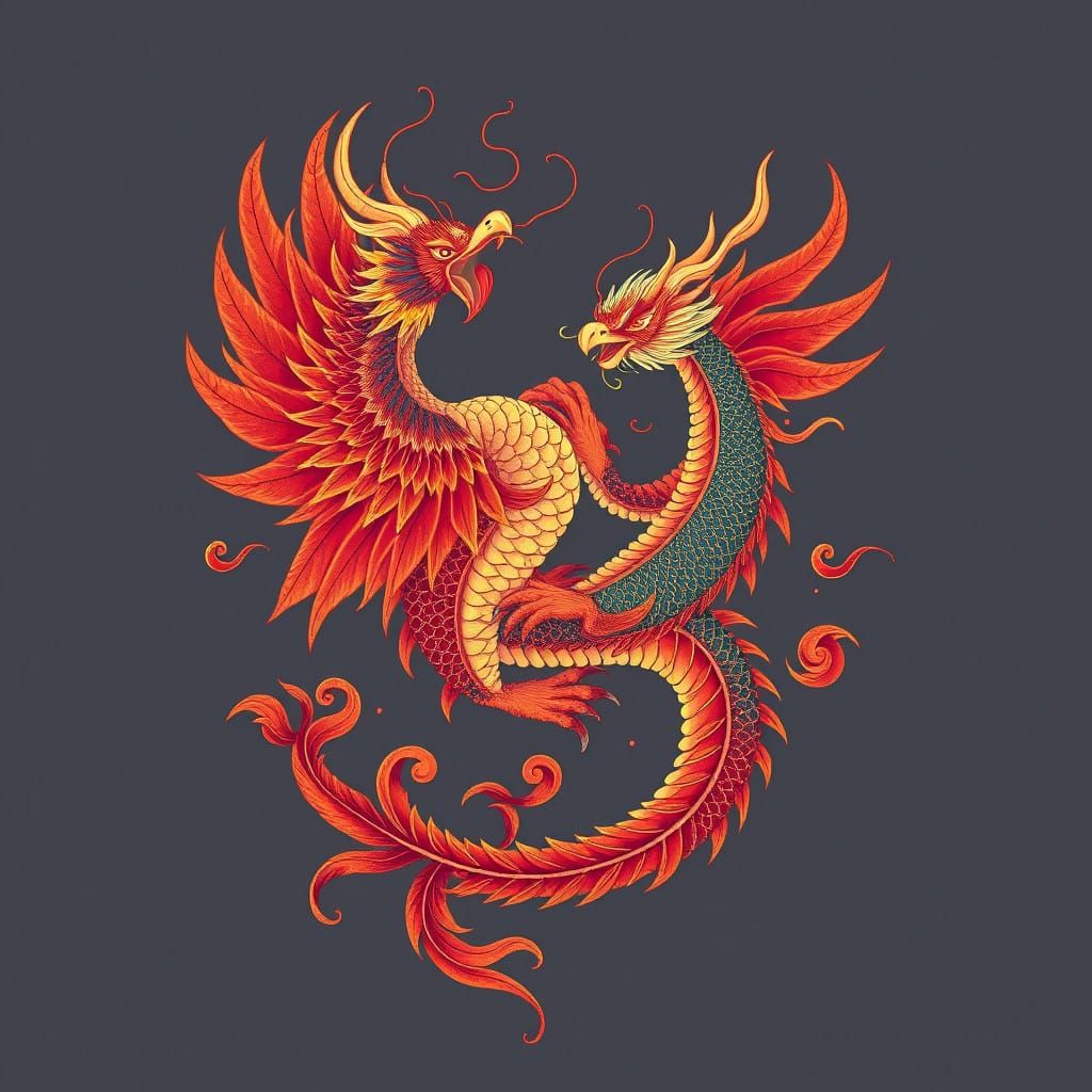 Surreal Phoenix Dragon Dance in Vibrant Japanese Irezumi Sty...