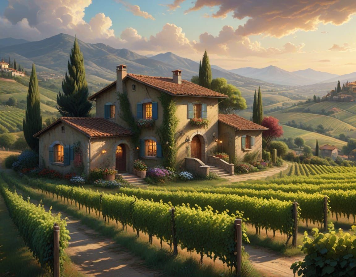 Tuscan Villa Vineyard at Sunset Oil Painting