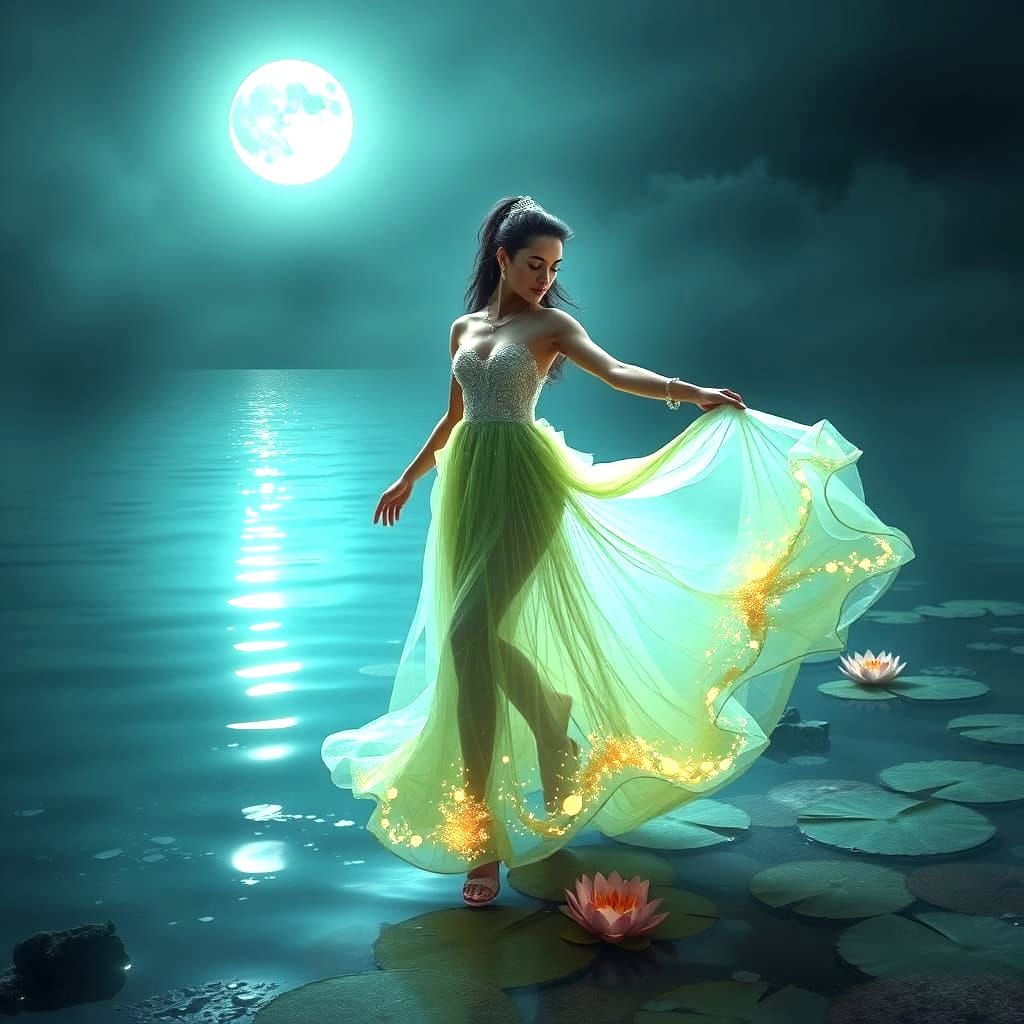 A Latina woman in her 30s dances at the center of a moonlit ...