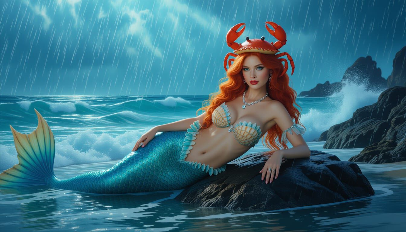 Mermaid with Crab Hat on Stormy Sea