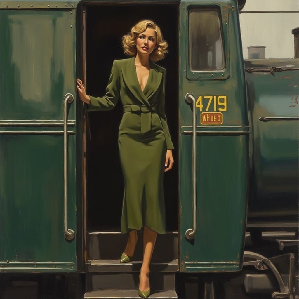 Glamorous Woman Disembarking Train in Hopper Style