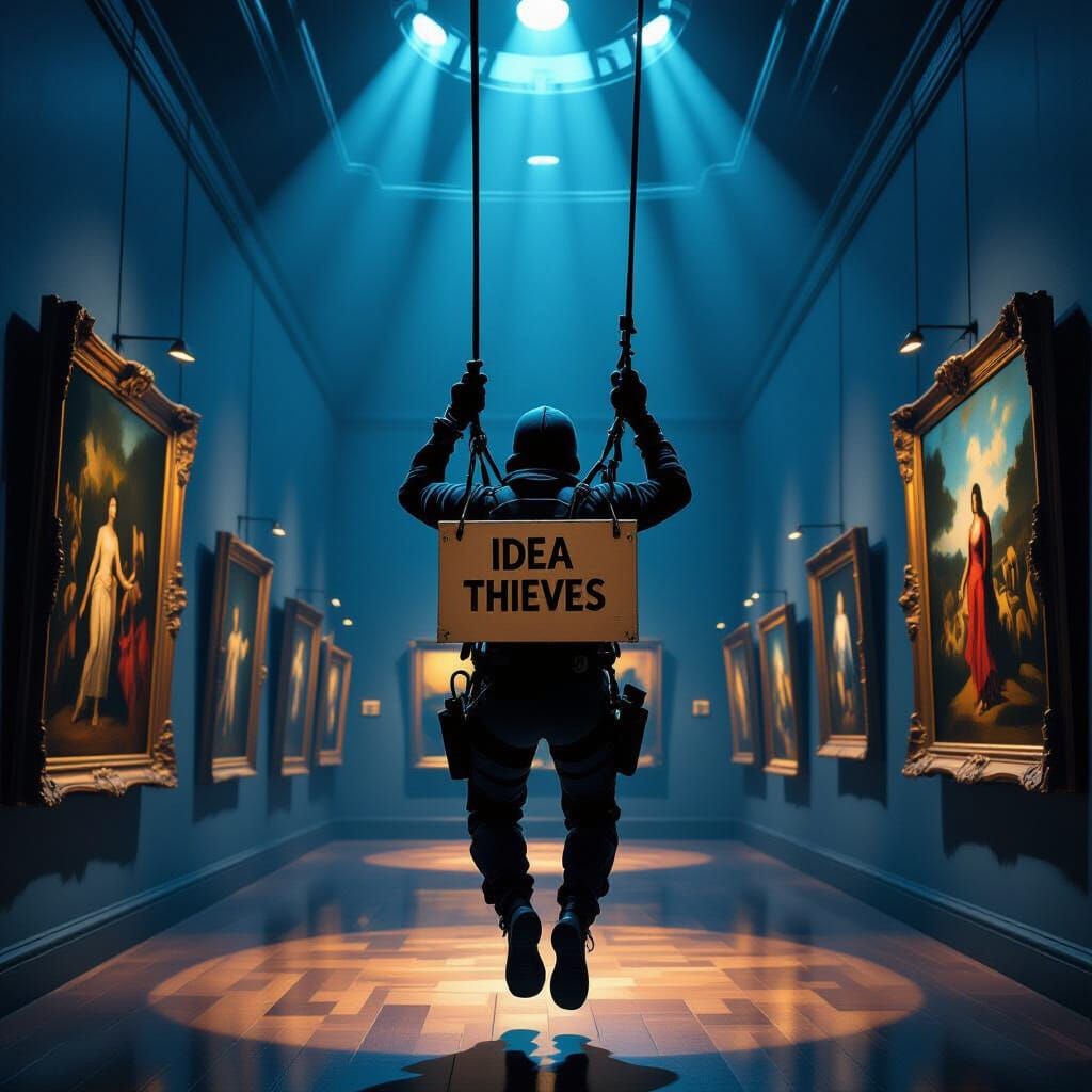 Art Thief Rappels Into Gallery With "Idea Thieves" Sign