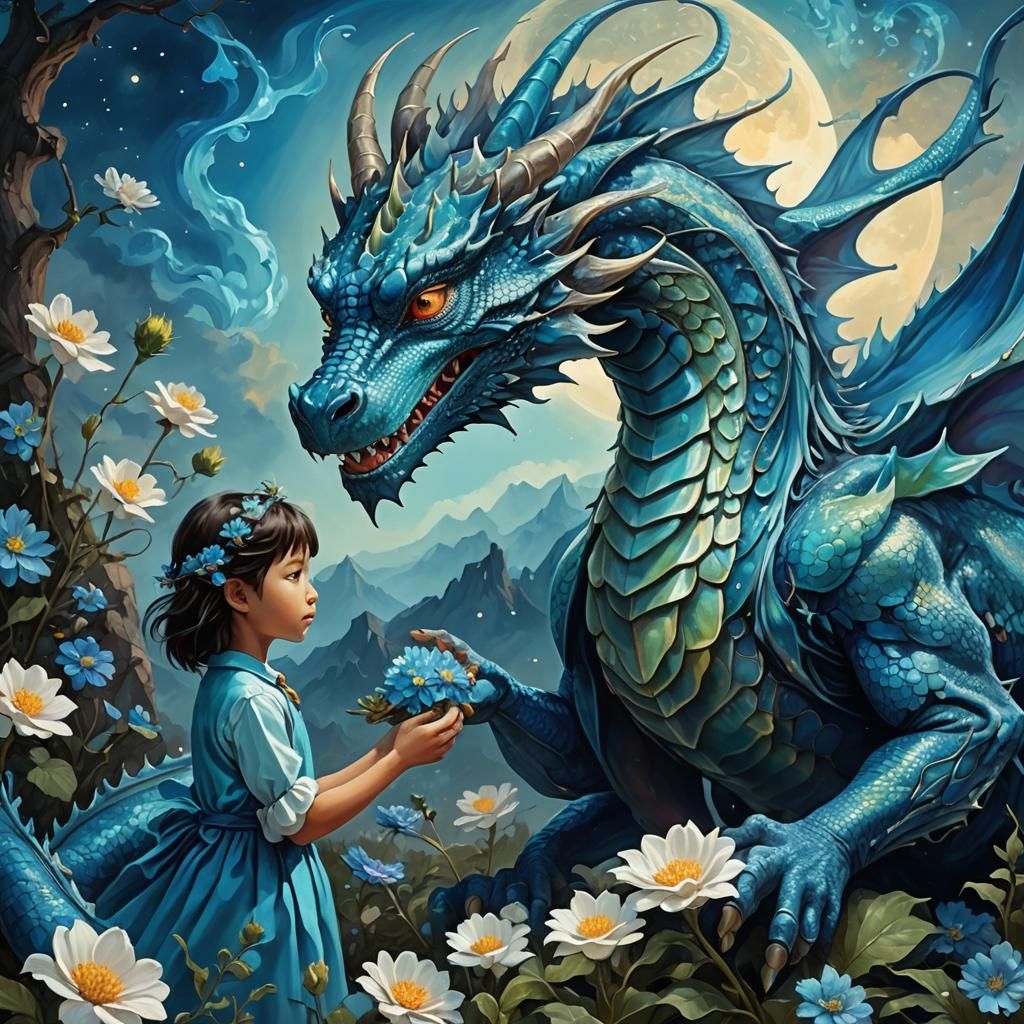 Blue Dragon Offering Flower: Surreal Digital Art