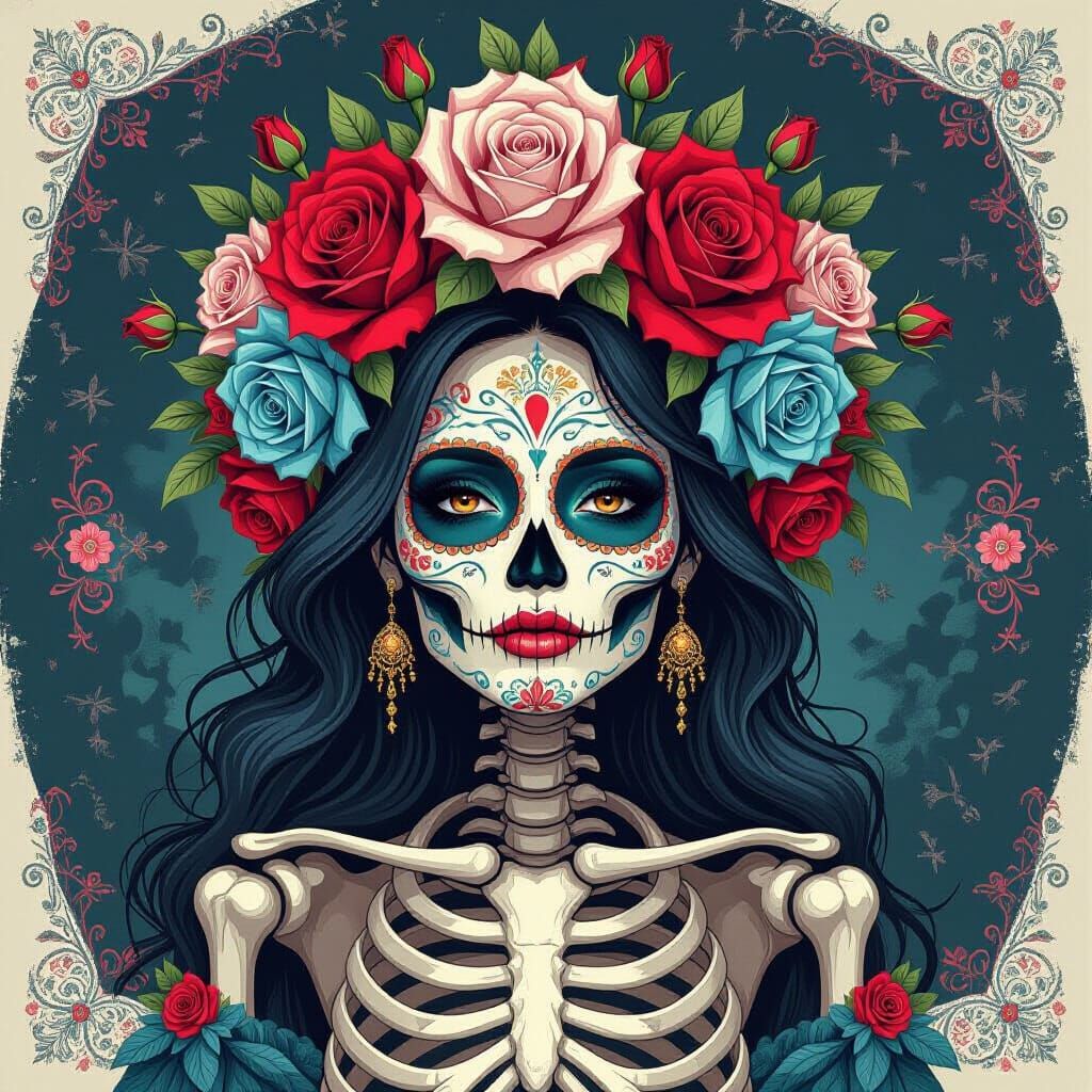 Day of the Dead Skeleton with Floral Crown in Charcoal Style