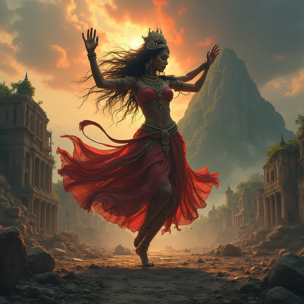 Mata Kali Dancing on Cities, a Majestic Mountain Landscape E...