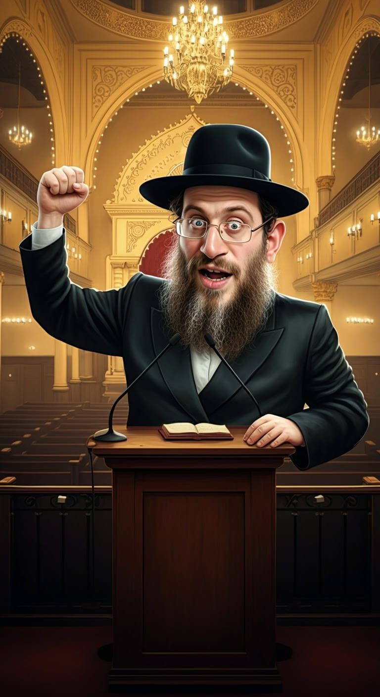 Humorous Hasidic Gabbai in Synagogue, Digital Comic Illustra...