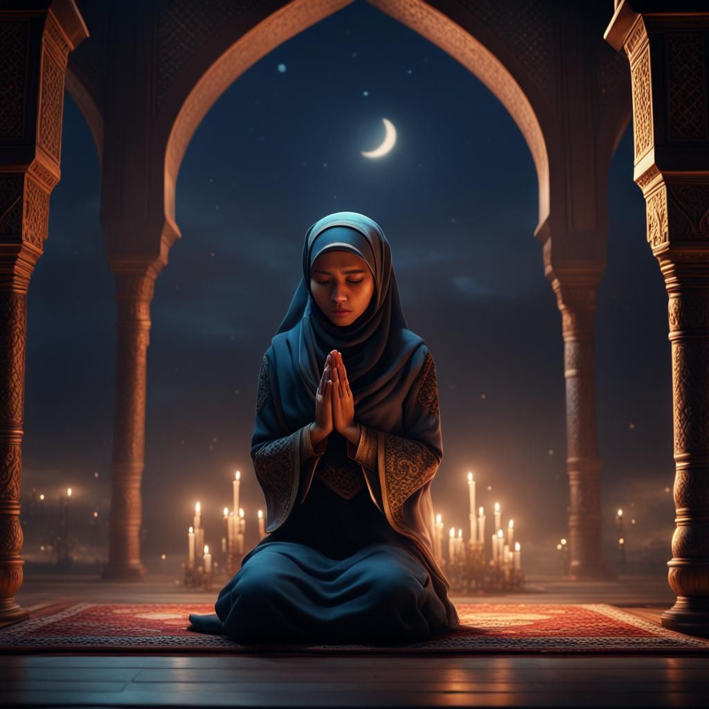 Muslim Girl Praying at Night: Detailed Matte Painting