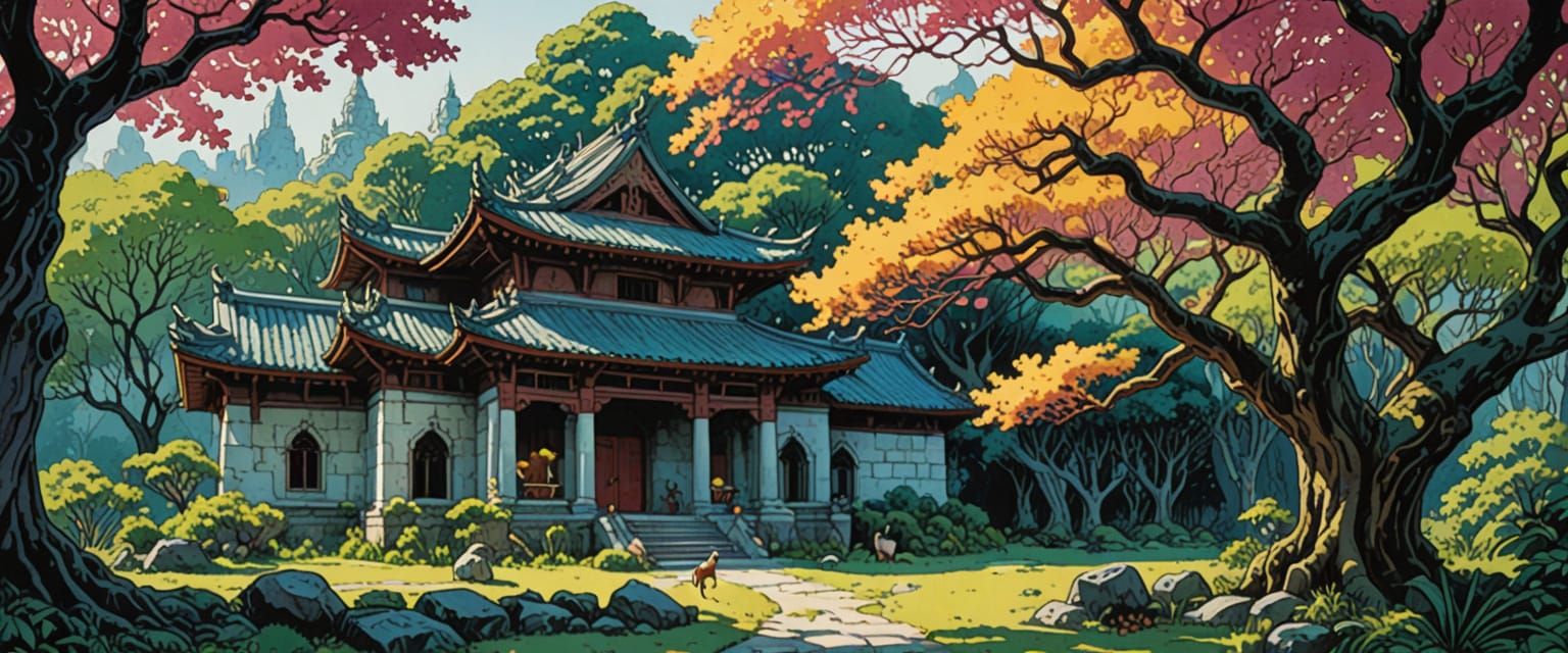 Rainforest Temple with Monks in Watercolor Style