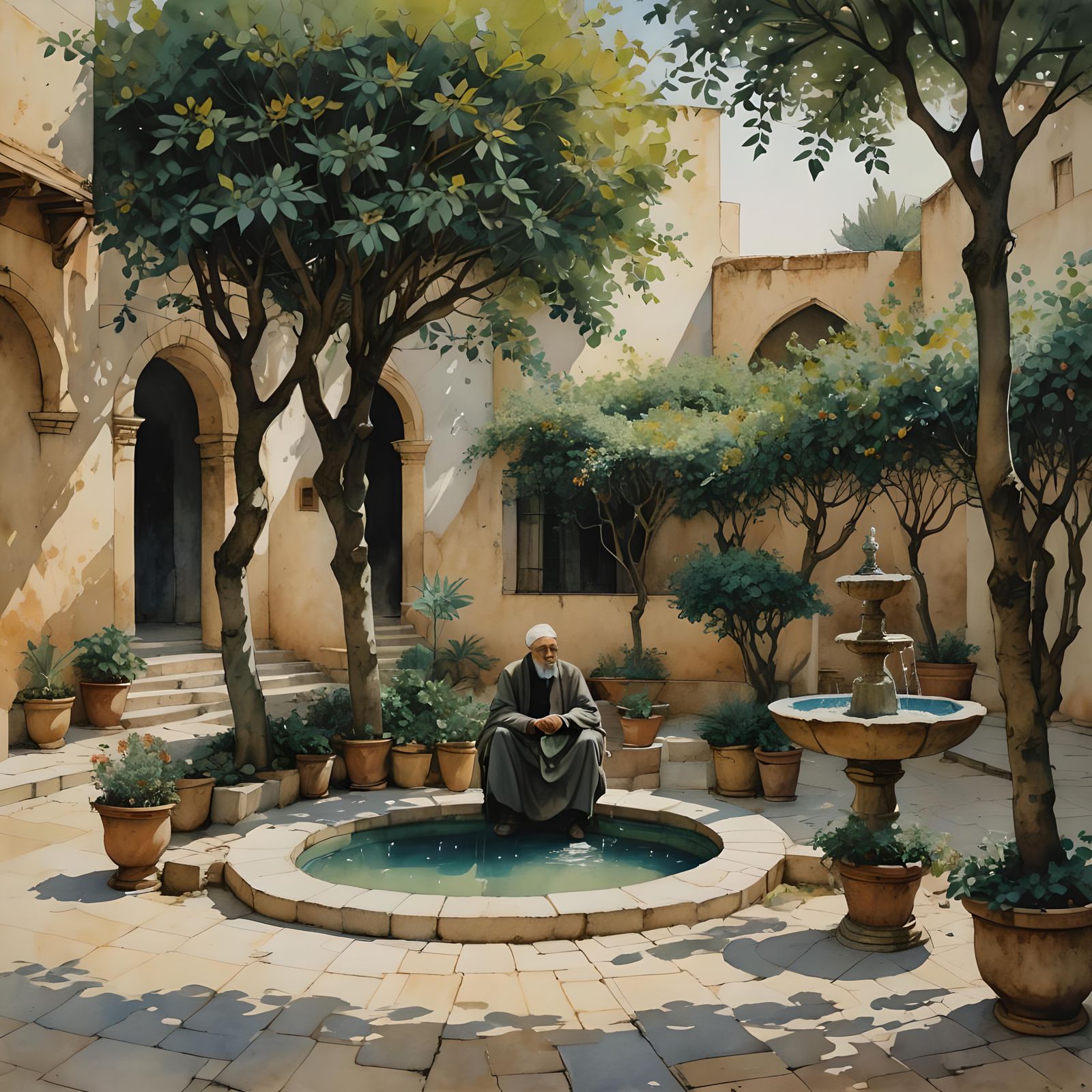 Arab Courtyard Scene in Expressionist Style