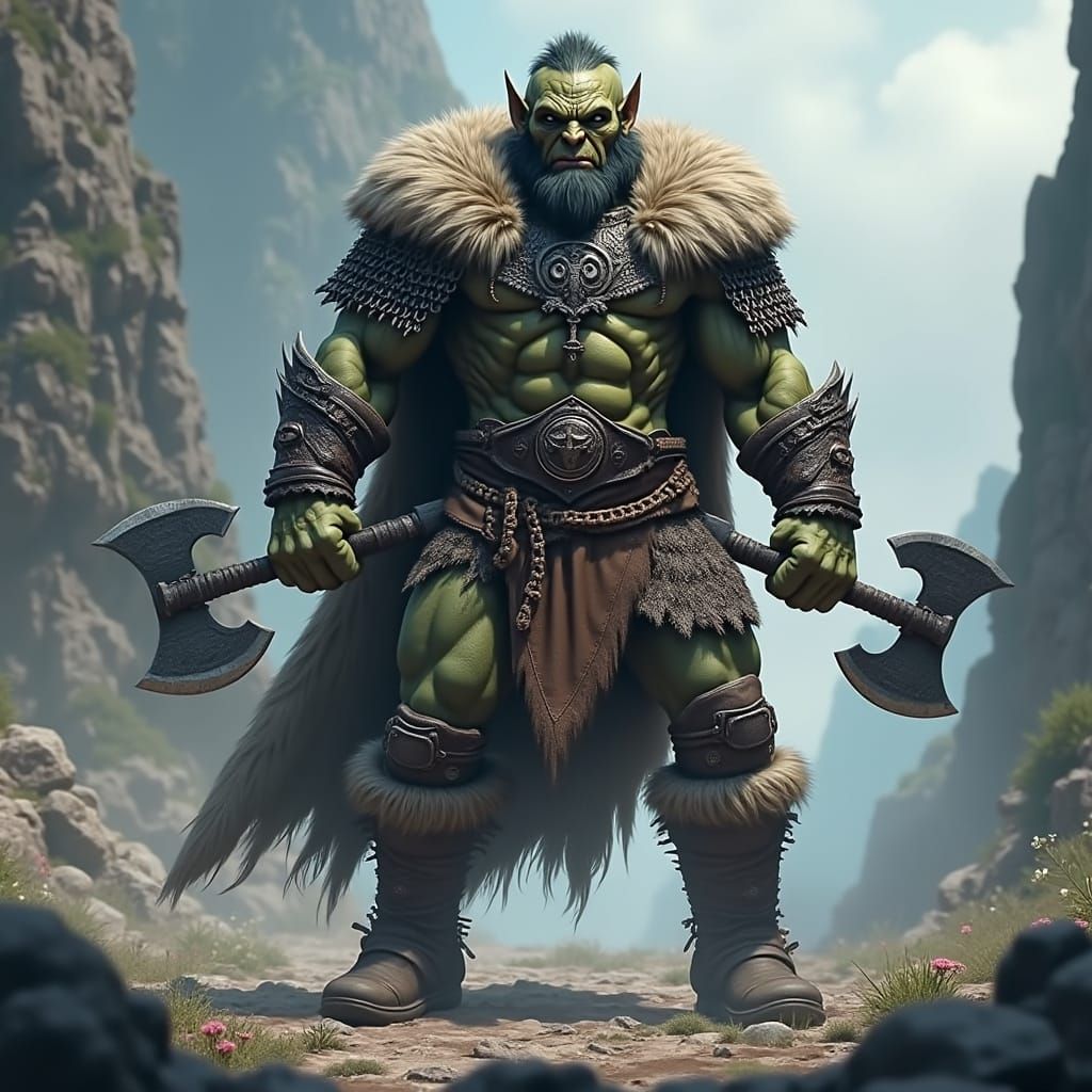 Fierce Half-Orc Warrior in Chainmail Armor