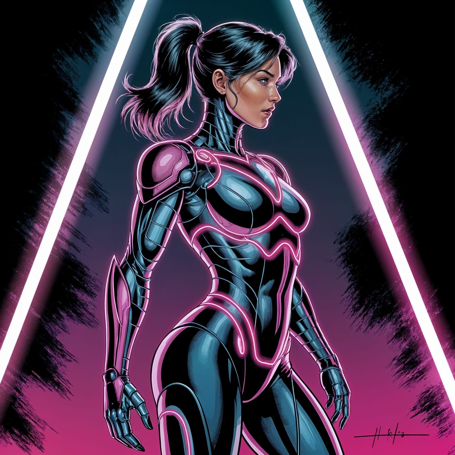 Cyborg Warrior in Neon Spotlight