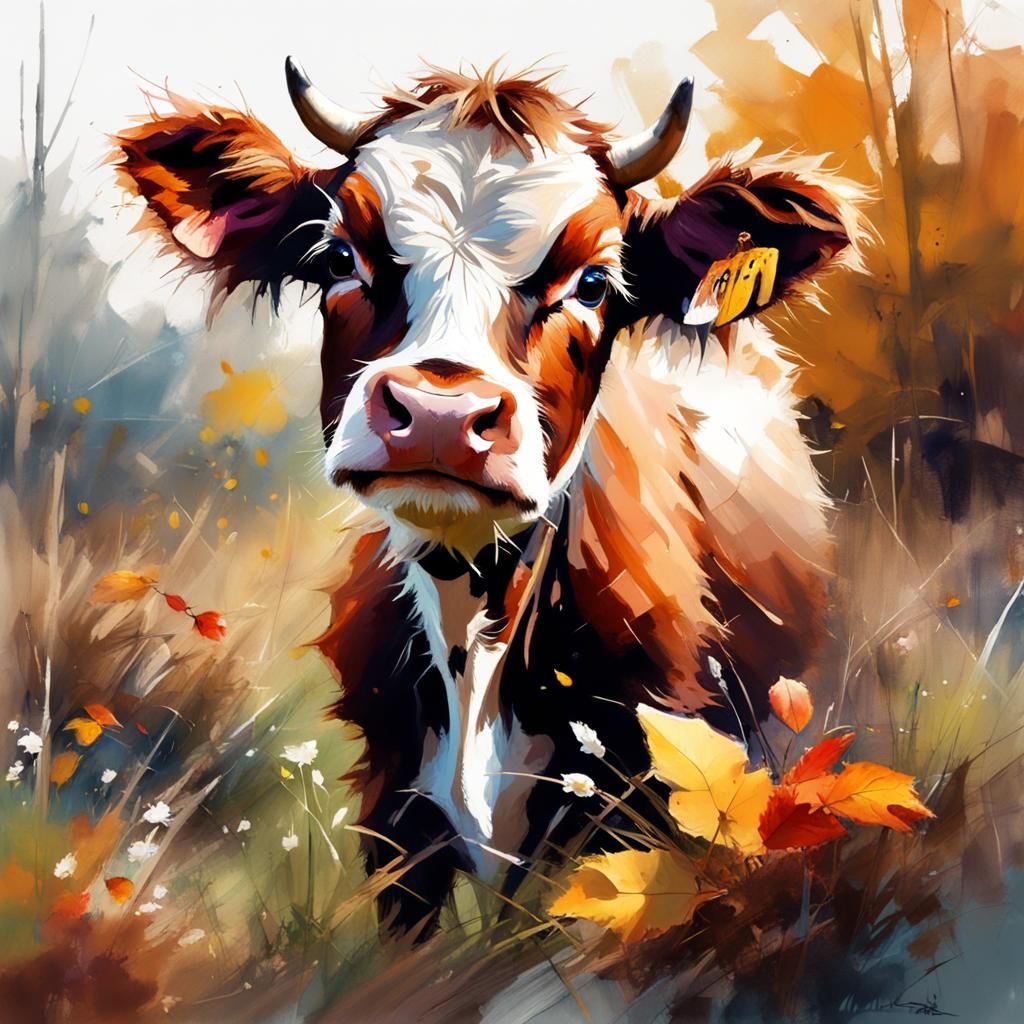 Cute Cow Cub in Autumn Garden