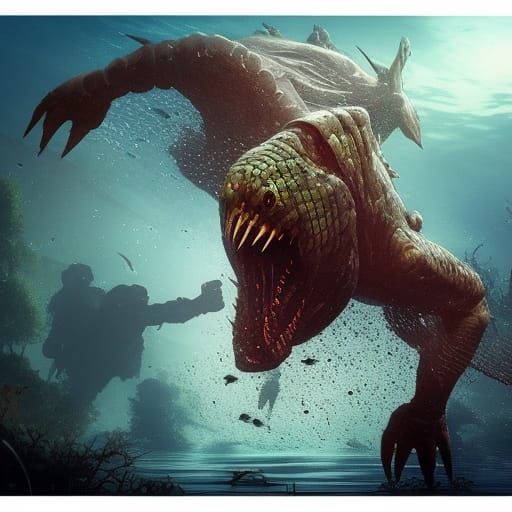Terrifying Lake Monster Hunt in Hyperdetailed Horror Art