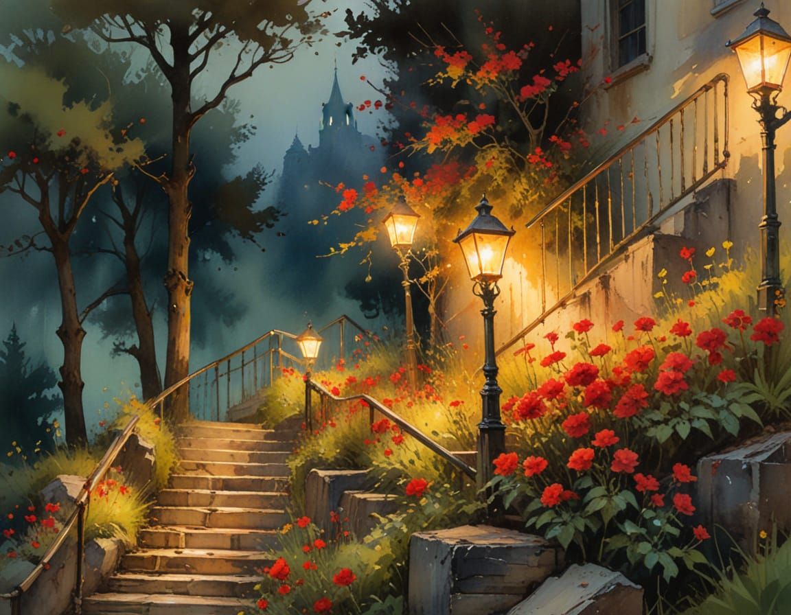 Impressionist Watercolor of Hillside Staircase with Flowers