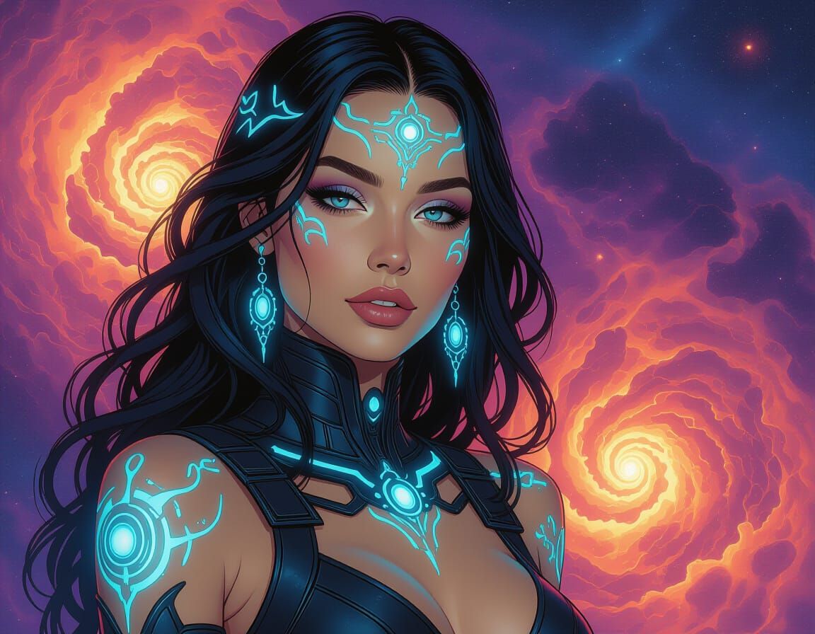 Cosmic Sorceress with Bioluminescent Tattoos in Editorial St...