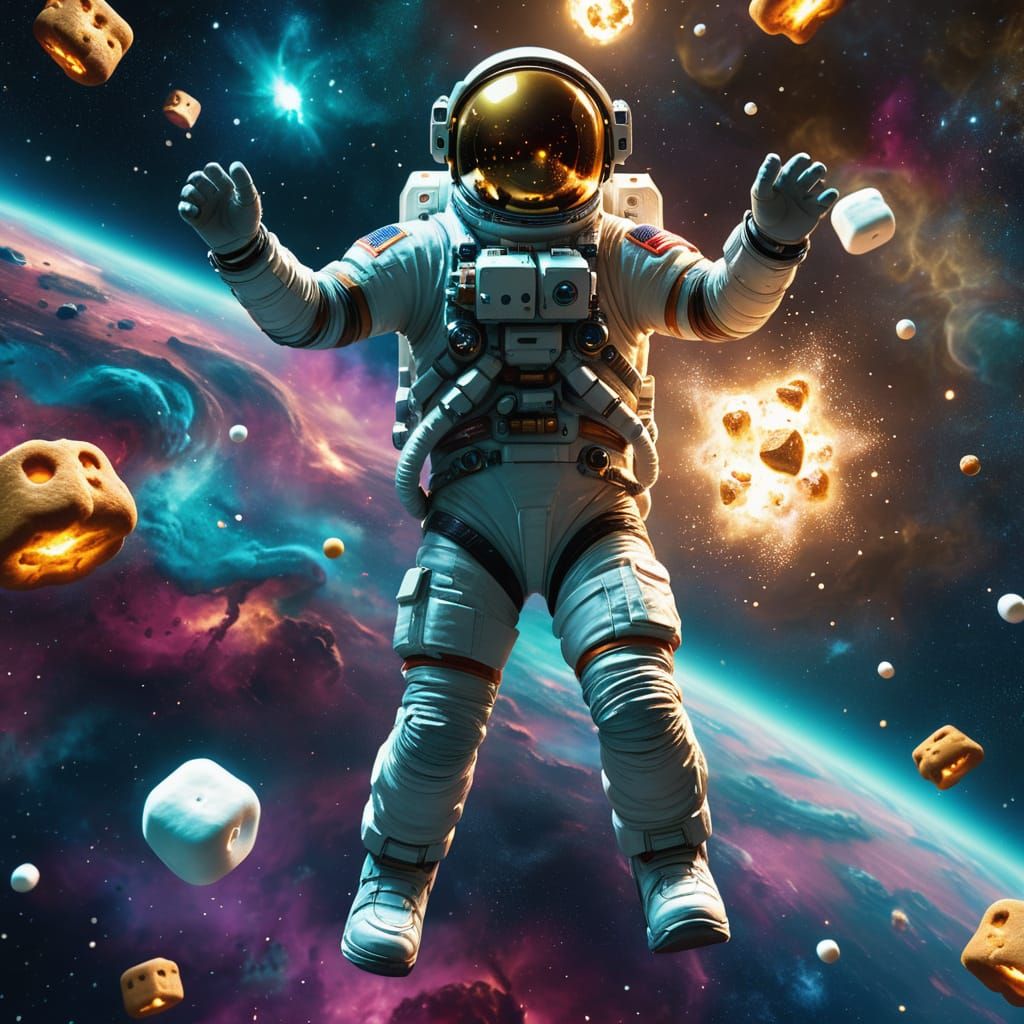 Astronaut Floats in Marshmallow Nebula, Gingerbread Spaceshi...