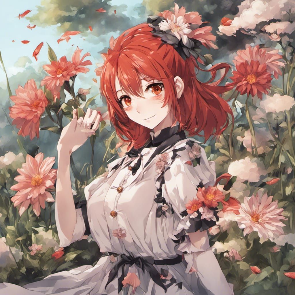 Redhead in Flowers: Anime-Style Split Image