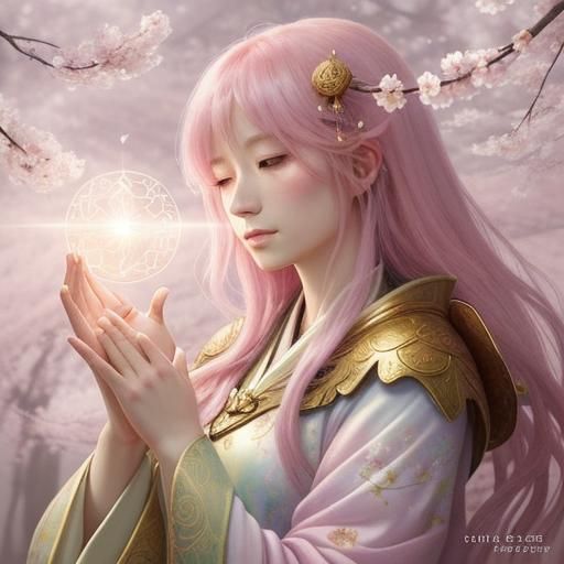 Ethereal Priestess in Mystical Cherry Blossom Forest