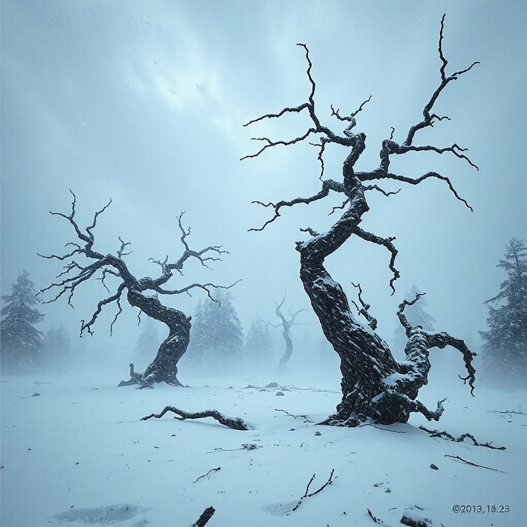 Desolate Blizzard Landscape with Skeletal Trees in Dark Fant...
