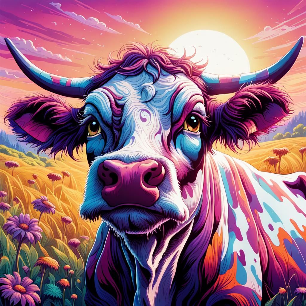 Psychedelic Hippy Cow in Comic Book Style