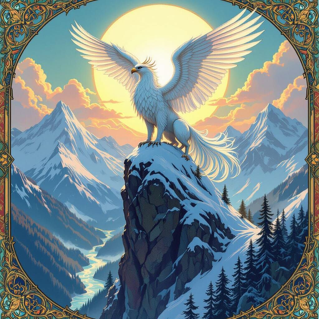 Iridescent Griffin Surveys Mountain Domain in Fantasy Art St...