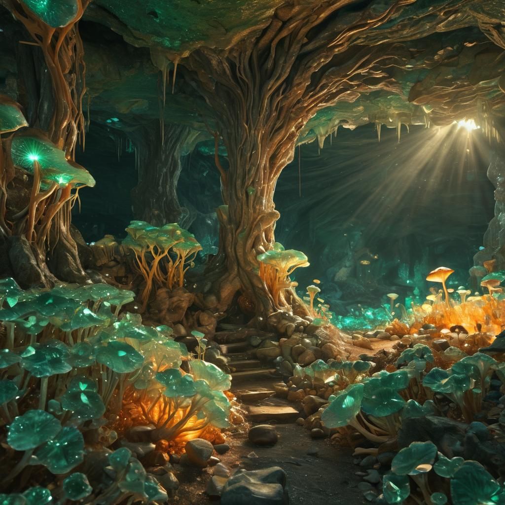 Gemstone Cave with Fungus in Emerald Light