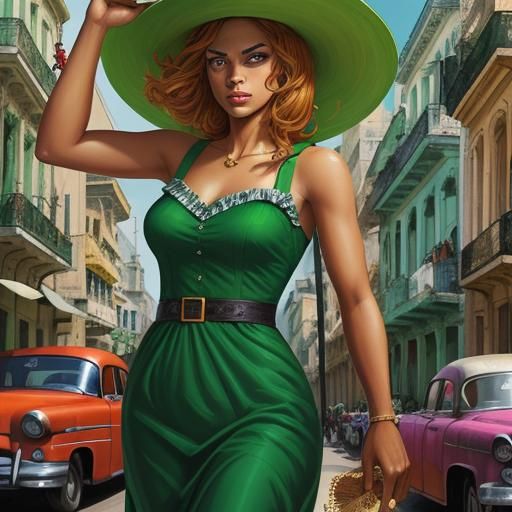 Cuban Woman in Green Dress: Comic Book Art