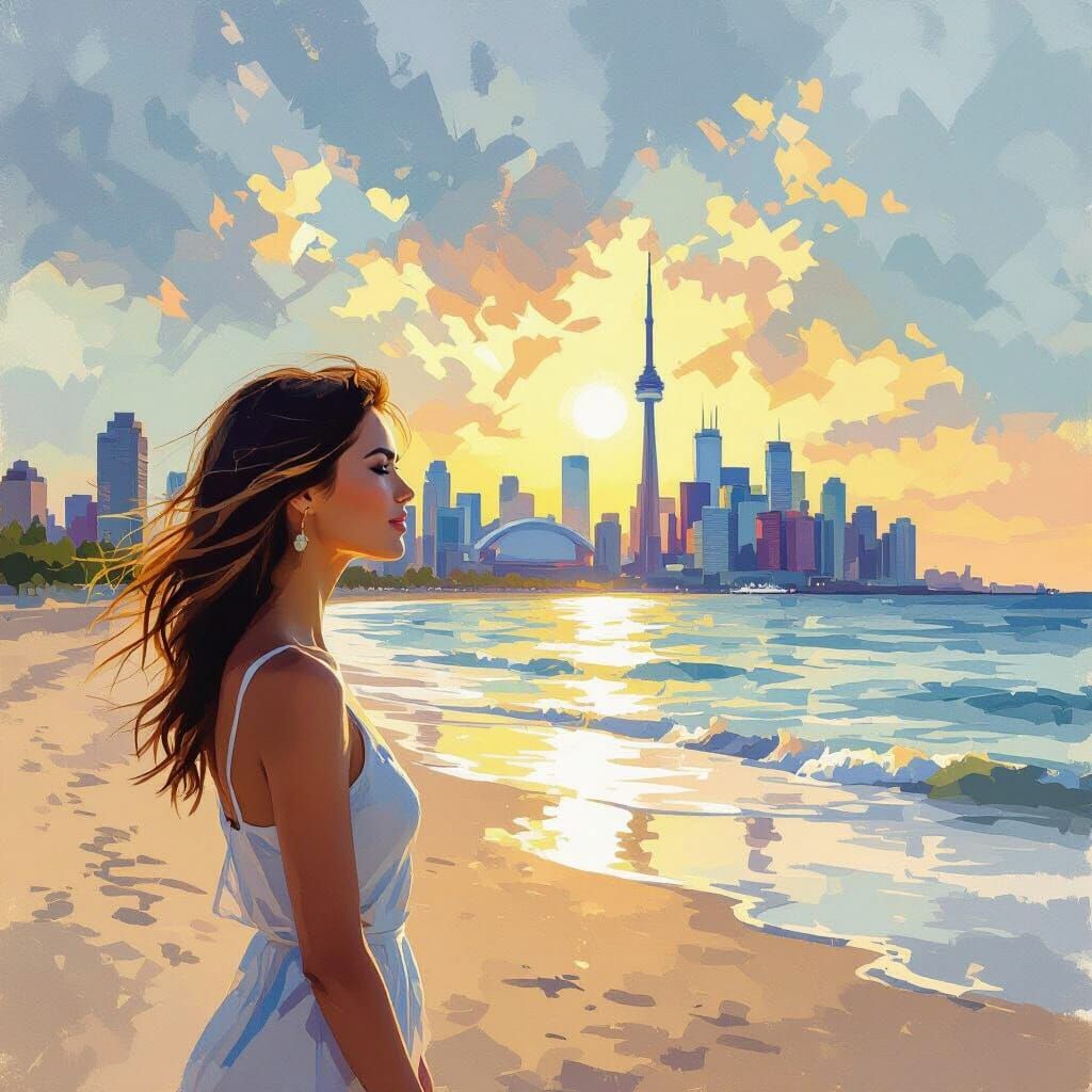 Woman Gazes from Beach to Dream Cityscape