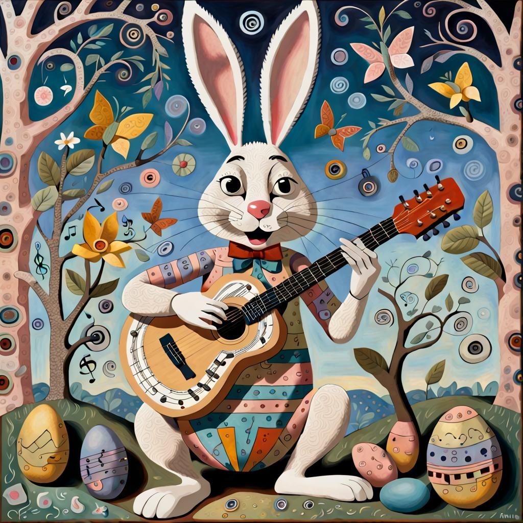 Easter Bunny Guitarist in Folk Art Style