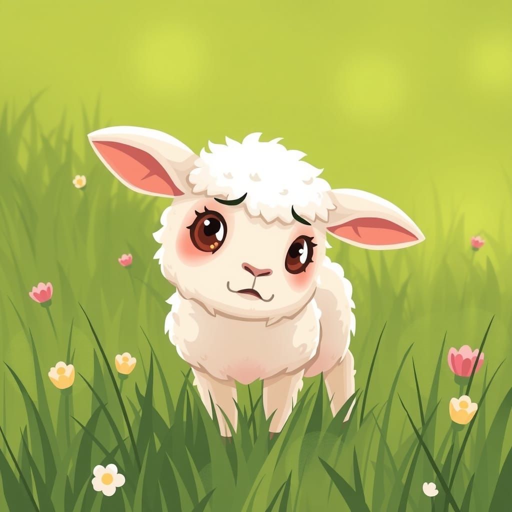 Frightened Lamb in Meadow: Whimsical Illustration