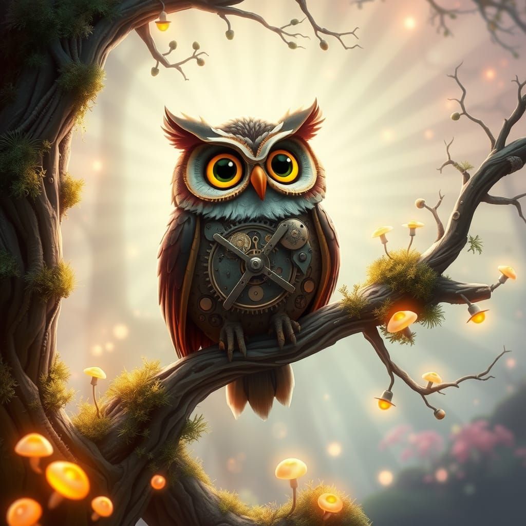 Clockwork Owl on Ethereal Tree in Misty Forest
