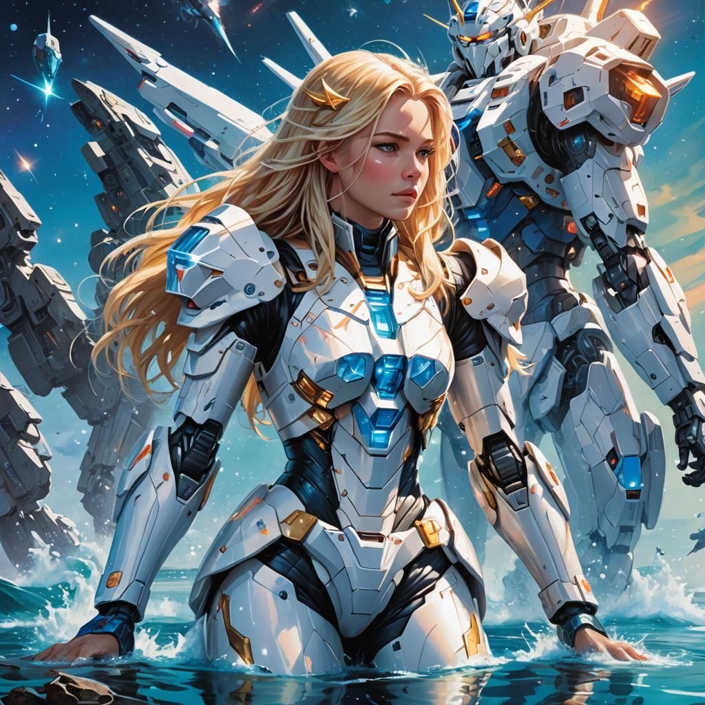 Woman and Gundam Mech in Futuristic Comic Art