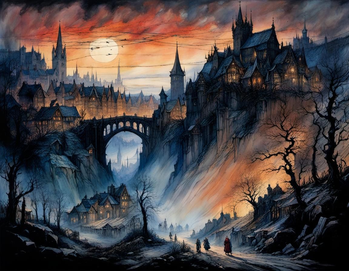 Medieval Townscape in Deep, Mysterious Colors